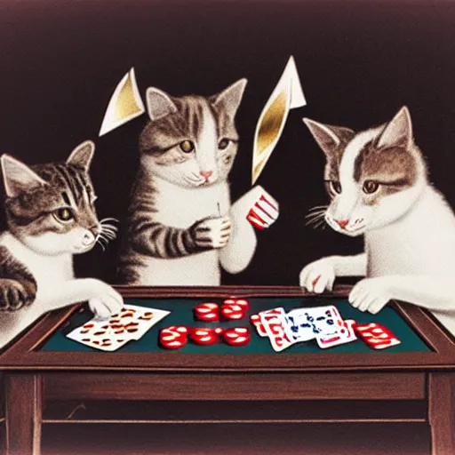 Prompt: studio photo of two cats playing poker, they are holding cards in their paws, glass of milk with straw is on table