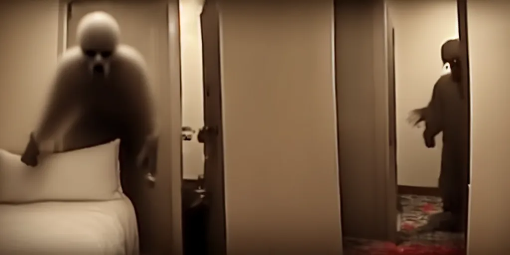 Prompt: a still shot of a scary male drug addict ghost jumpscare to camera in a hotel room, horror