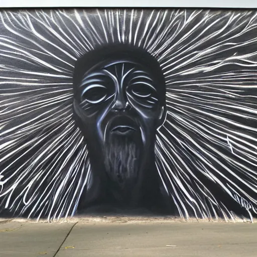 Image similar to black graffiti spray-paint mural of blindfolded Jesus, arms outstretched, rays of light emanate from his fingers, painted on a concrete wall by Minerva Teichert, Portra 400