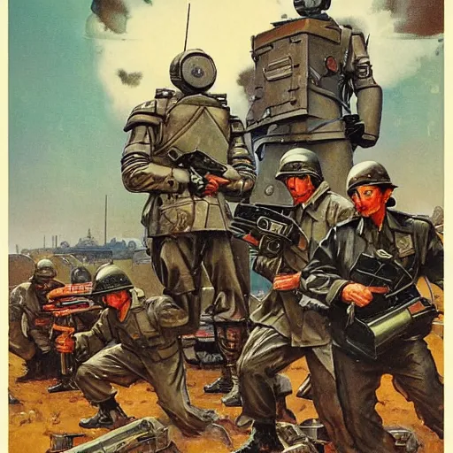 Image similar to Soviet mechs in the style of Norman Rockwell, world war 2, WWII, propaganda poster, sci-fi illustrations, highly detailed, award-winning, patriotic, soviet, ussr, dark, gritty, ink