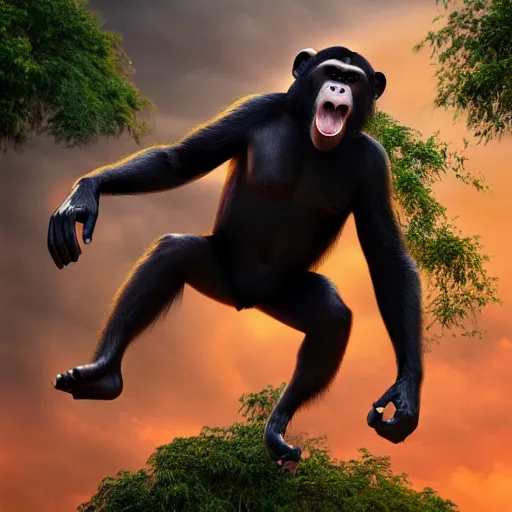 Image similar to Angry Chimpanzee Jumping, Epic Jump, Cinematic Photo, Cinematic Shot, Jungle, Foliage Boris Vallejo, Epic, 8k resolution, ArtStation, Hyperrealistic