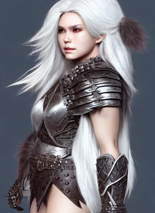 Image similar to barbarian, fur leather armor!!! beautiful and elegant white hair female!! gorgeous ayes!! character concept art, sharp focus, octane render! unreal engine 5! highly rendered!! trending on artstation!! detailed linework!! illustration by artgerm, wlop, and chie yoshii