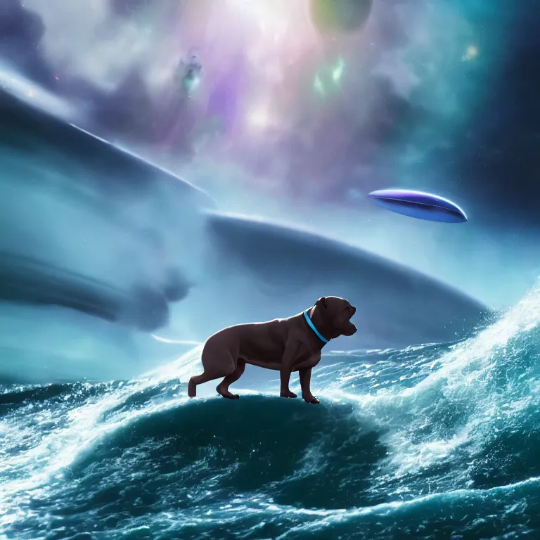 Prompt: photo of a dark coat pit bull with a white paws, surfing on a surfboard in a crashing wave of alien ocean in space, background is an alien galaxy, matte, aliens in the background, alien colors, octane render, unreal engine, wide view, 8 k, high detaild