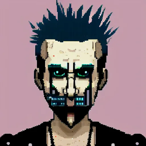 Image similar to neonpunk anarchist with mohawk and cyber implants on face, fuming, angry, grinning, pixel art