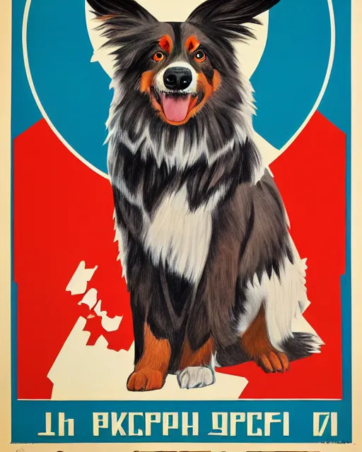 Image similar to soviet propaganda poster of an australian shepherd soldier, soviet art