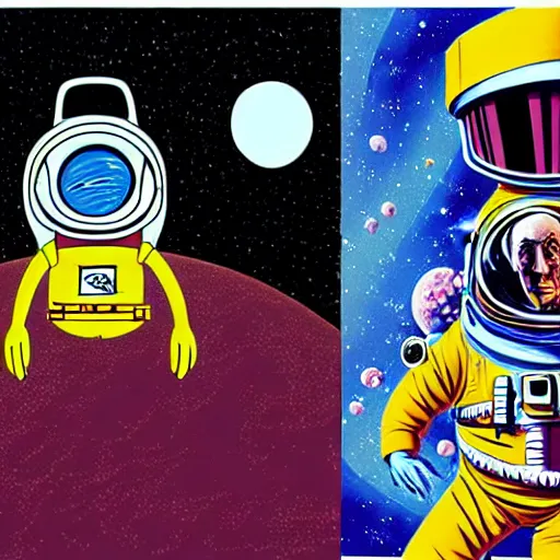 Image similar to graphic illustration, creative design, willy wonka as an astronaut, biopunk, francis bacon, highly detailed, hunter s thompson, concept art