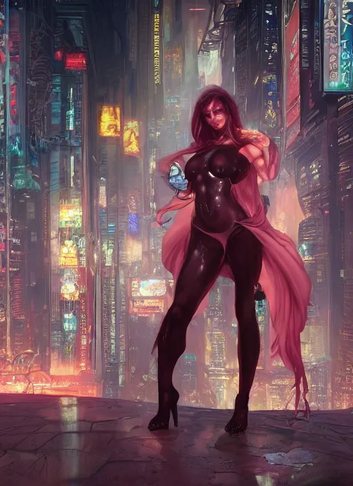 Prompt: An oil painting of a succubus in a cyberpunk city night background, hyper detailed, super realistic, 4k, trending on artstation, octane render, art by artgerm and greg rutkowski and alphonse mucha and craig mullins and James Jean and Andrei Riabovitchev and Marc Simonetti and peter mohrbacher,