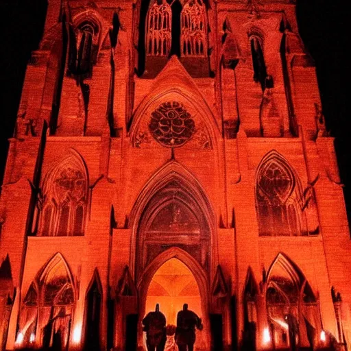 Prompt: A dark cathedral made up of red sandstone lit up by a torches. In the middle of the cathedral is a bonfire surrounded by cultists in red hoods. Their backs facing towards the camera. Dream like.