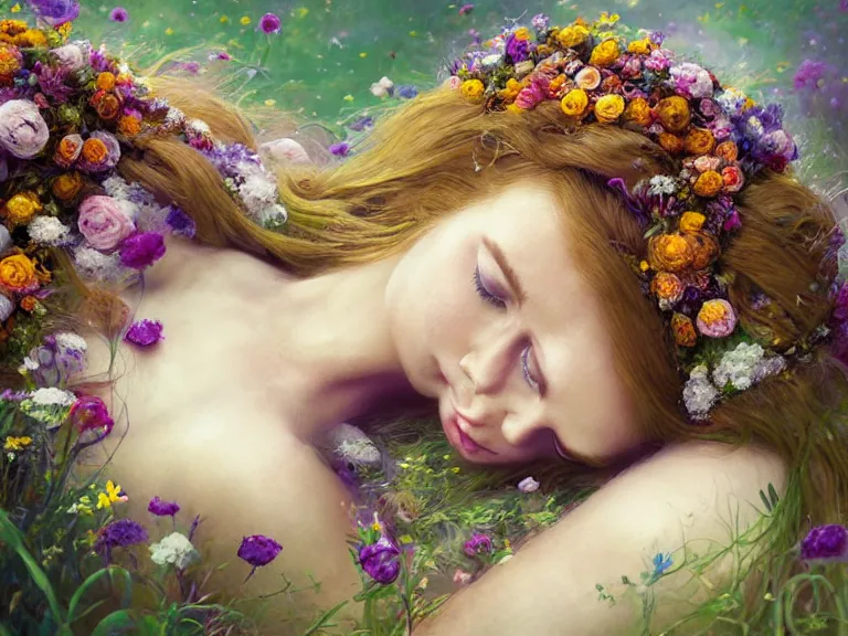 Image similar to cute female bride laying down and swathed in flowers, perfect face, tiara, ginger hair, abs, cinematic, freckles, stunning, athletic, strong, agile, highly detailed, psychedelic, digital painting, artstation, smooth, hard focus, illustration, art by jessica rossier and and brian froud