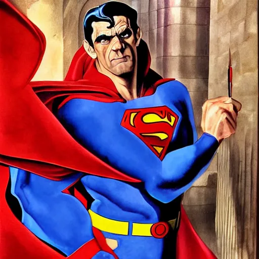 Prompt: Painting of Boris Karloff as Superman fighting Hunchback of Notre Dame by Mark Brooks