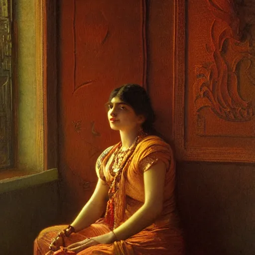 Image similar to detailed potrait of hindu traditional womansitting alone in dark room, girl graceful,, painting by gaston bussiere, craig mullins, j. c. leyendecker, lights, art by ernst haeckel, john william godward, hammershøi,,