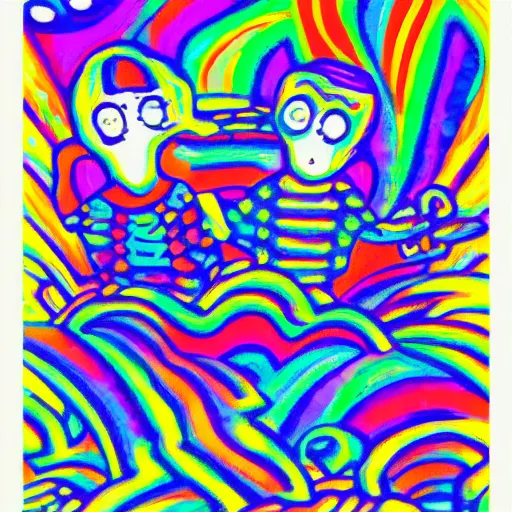 Prompt: ghosts having a fun night on the town, psychedelic colors, in a pointilliste style