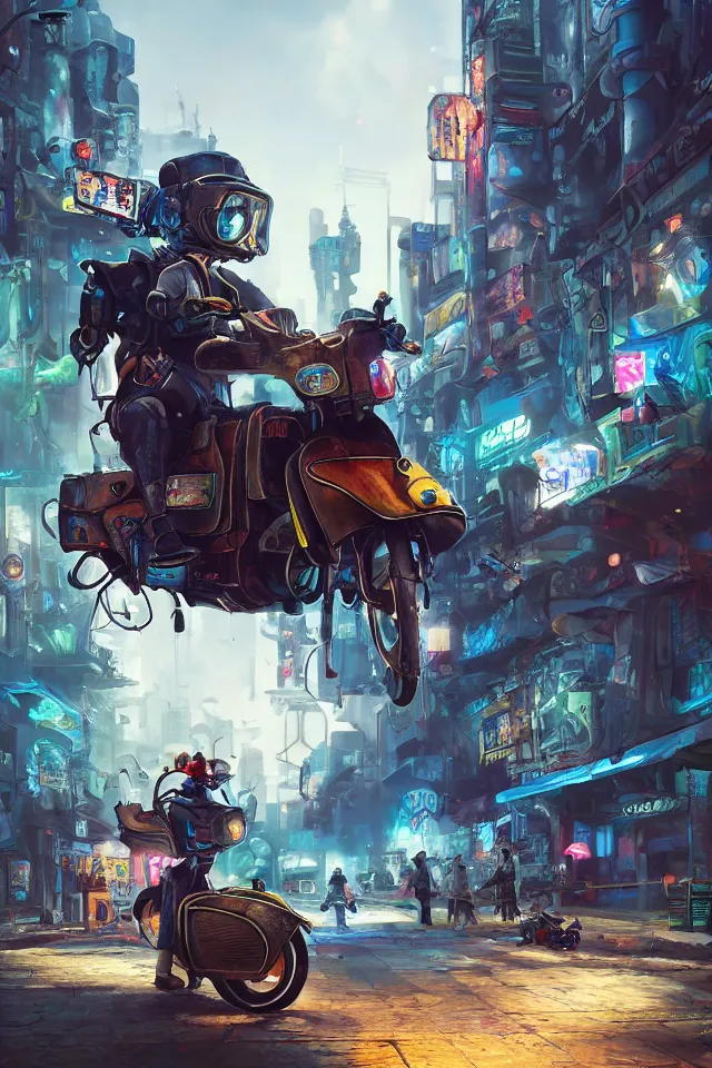 Image similar to Wonderland cyberpunk, Vespa, artstation, realistic, environments, 4k