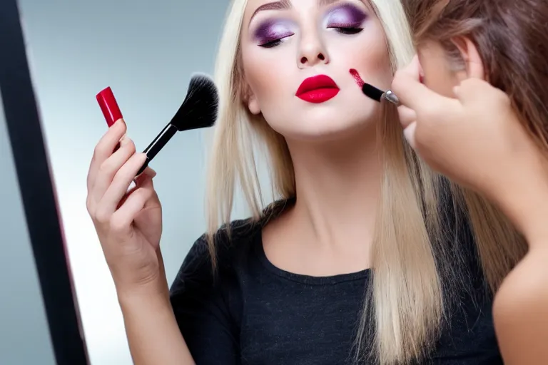 Image similar to young woman putting makeup on, holding lipstick and touching her lips with it, looking at mirror, blonde hair, sitting on a chair