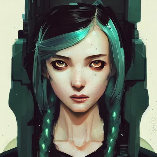 Prompt: Highly detailed portrait of a cyberpunk young lady with, freckles and white wavy hair by Atey Ghailan, by Loish, by Bryan Lee O'Malley, by Cliff Chiang, by Greg Rutkowski, inspired by image comics, inspired by graphic novel cover art, inspired by nier!! Gradient color scheme ((grafitti tag brick wall background)), trending on artstation