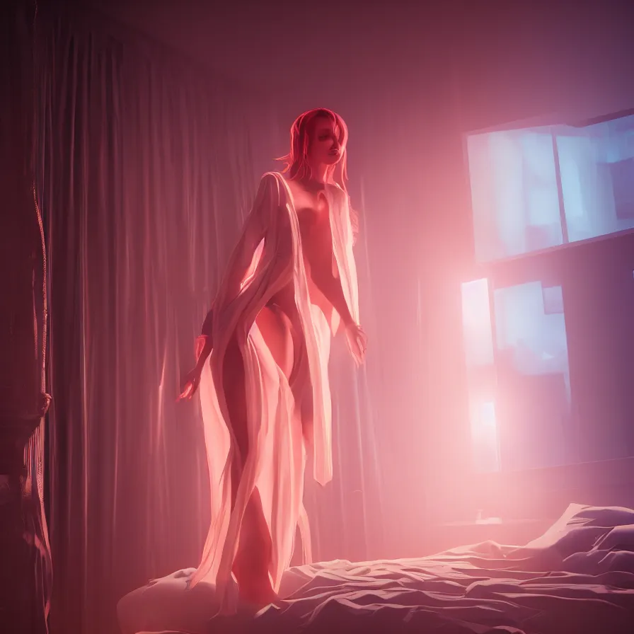 Prompt: woman wearing a gown dancing in her bedroom, during the night, cyberpunk, neon, very detailed, artstation, soft lights, sharp focus, 8 k, unreal engine, heavy grain, fine facial features