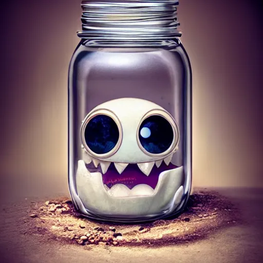 Image similar to cute monster in a jar by Greg Rutkowski, product photography, centered, studio lightning