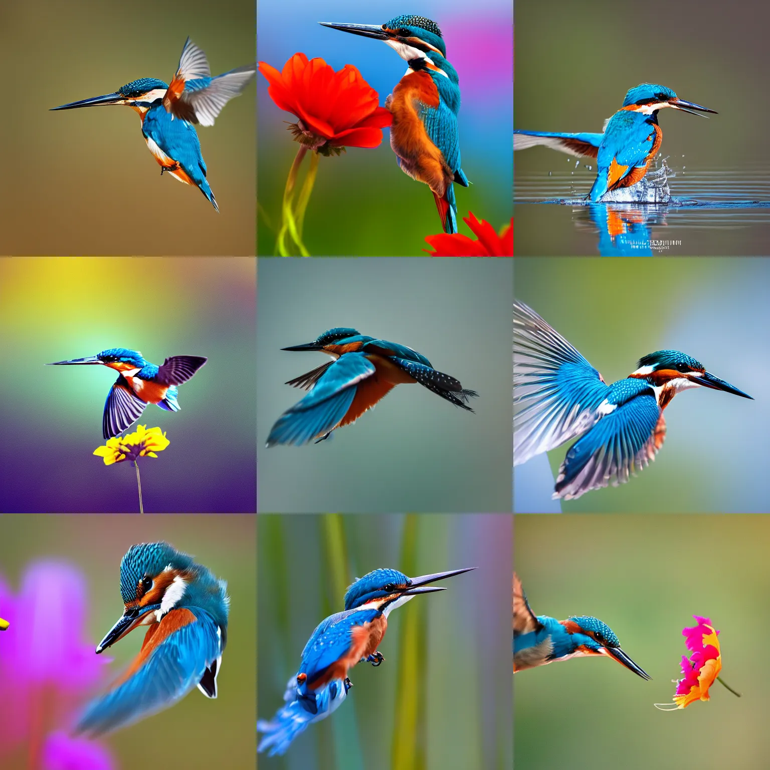 Prompt: award winning photography of an kingfisher flying in front of an flower drinking nectar, hyper realistic, warm light, macro photography, 4k