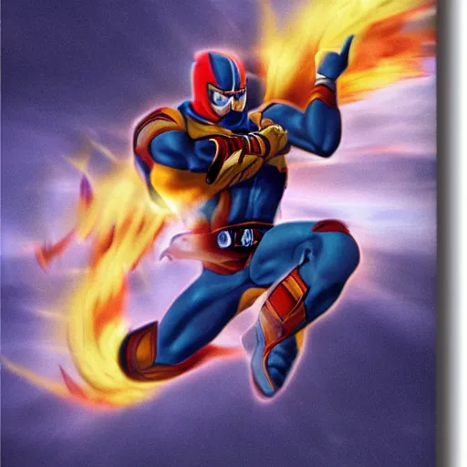 Image similar to captain falcon leaping out of the blue falcon, fire, epic, realistic by michael bay