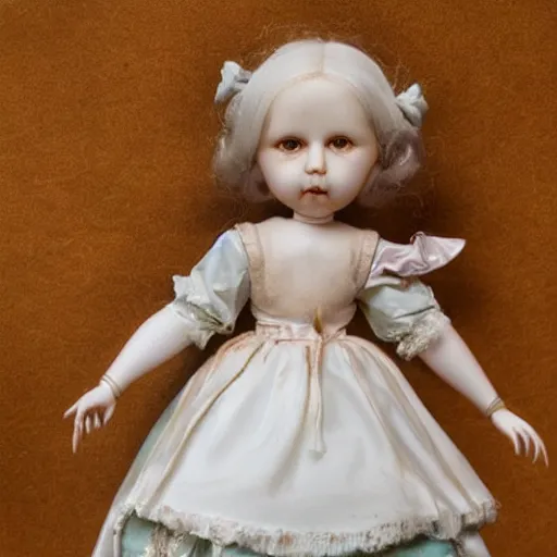 Image similar to alice in wonderland. porcelain doll. fragile. pastels. alabaster skin. realistic, skin - like matte finish. french doll. bisque. gold paint accents. photorealistic
