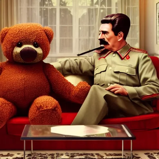 Prompt: professional picture of Joseph Stalin smoking a joint and sitting next to an anthropomorphic teddy bear on a couch, dslr, cinematic, detailed and realistic face,