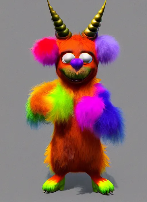 Prompt: full body 3 d model of a vibrant rainbow colored angry furry monster with fuzzy horns, a 3 d render by wendy froud, kinderschema face, dark rainbow colored fur, zbrush central contest winner, furry art, rendered in maya, vibrant, colorful, rendered in cinema 4 d, behance hd, daz 3 d, cgsociety, matte background