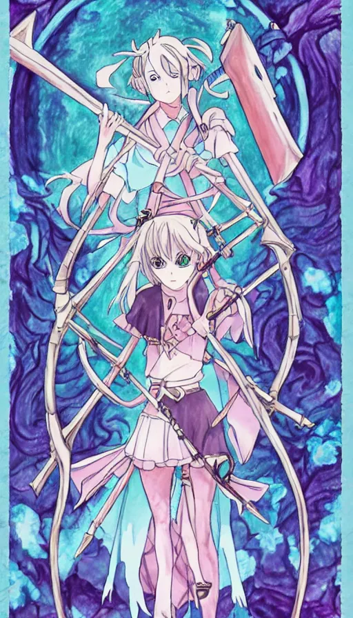 Image similar to a beautiful link drawing of the being death as a cute anime girl with a giant scythe from a studio ghibli film inspired by the death tarot card, dark vibes, pastel colors