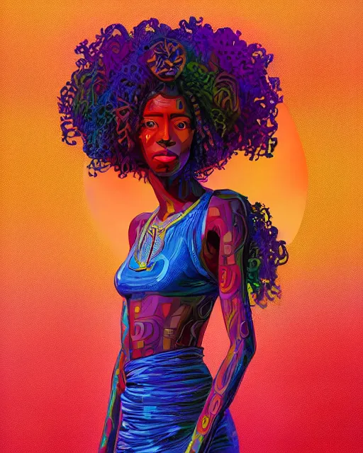 Prompt: colorful portrait of a black woman hippie with cybernetics and a natural hair style, but set in the future 2 1 5 0 | highly detailed | very intricate | symmetrical | professional model | cinematic lighting | award - winning | painted by mandy jurgens | pan futurism, dystopian, bold psychedelic colors, cyberpunk, anime aesthestic | featured on artstation