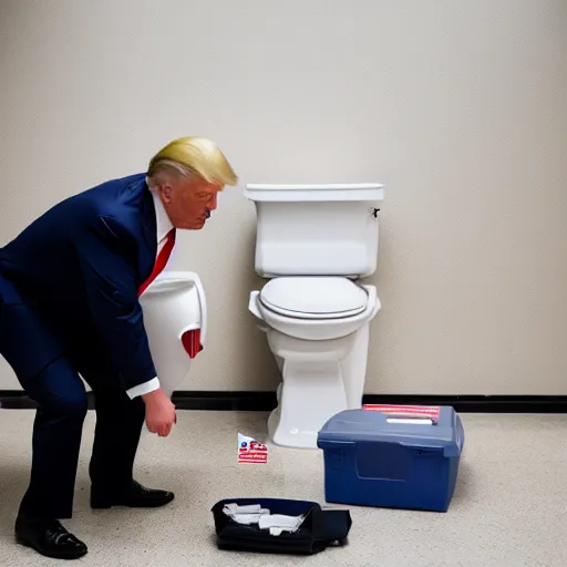 Image similar to Donald Trump flushing a voting machine down the toilet, Canon EOS R3, f/1.4, ISO 200, 1/160s, 8K, RAW, unedited, symmetrical balance, in-frame