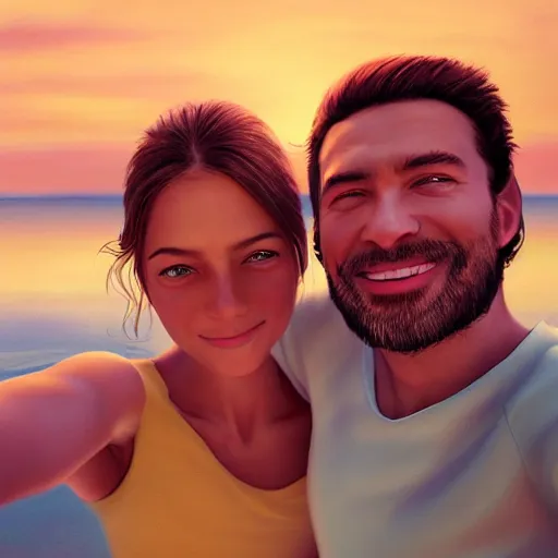 Image similar to beautiful serene intricate portrait of you and me taking a selfie, smiling softly, relaxing on the beach, golden hour, soft focus, 8 k, art by irakli nadar, hyperrealism, hyperdetailed, ultra realistic