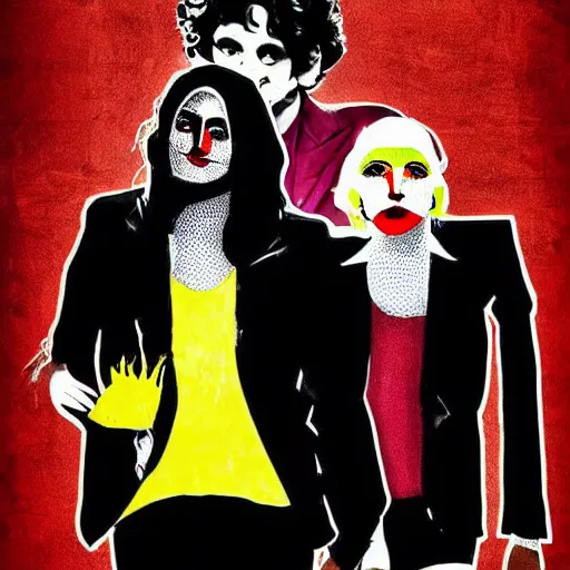 Image similar to mimmo rottela and banksy as joaquin phoenix skinny joker holding hand lady gaga harley queen, very realistic, intricate details, pop art style, concept art, confident, love, random object movement, 3 colours, proportional, warm color, 4 k, ultra smooth, sharp focus