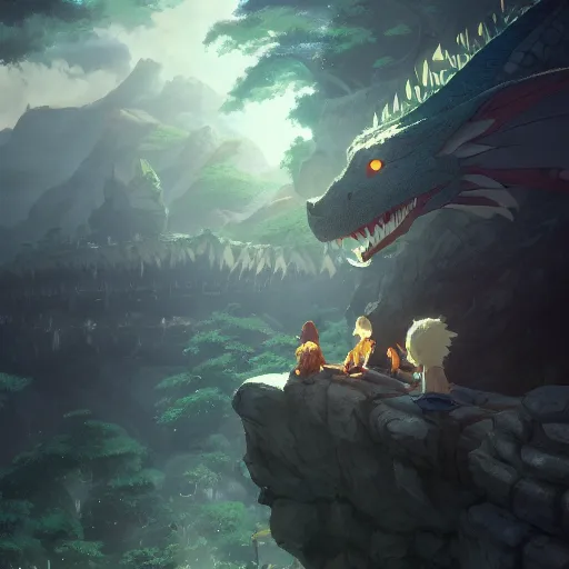 Image similar to a dwarf and a dragon drinking a beer | fantasy art | gapmoe kuudere moody lighting stunning bokeh highlights sharp contrast | trending pixiv fanbox | by greg rutkowski makoto shinkai takashi takeuchi studio ghibli