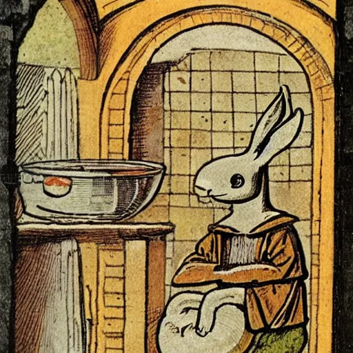 Prompt: medieval book illustration of a rabbit baking in a kitchen