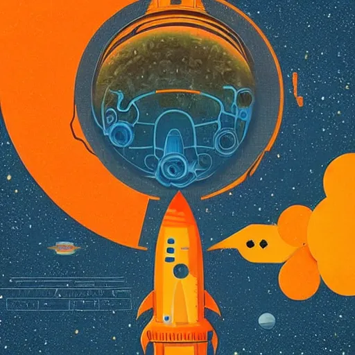 Image similar to blue rocket in space, orange fruit as a planet, intricate sci-fi poster by Denis Villeneuve