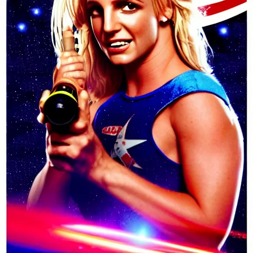 Image similar to of a great movie poster of britney spears as a hero sci fi space cosmonaut holding a raygun in a nice action pose, there is an explosion on the background of a space station shaking britney's hair and lighting her with a rim light, she is laughing, opps i did it again, f 2. 8, advertising lighting,