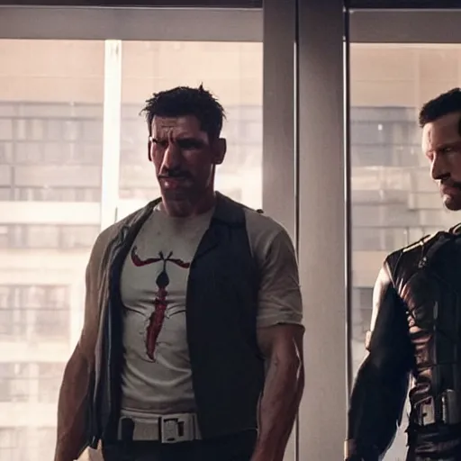 Prompt: a 4 k cinematic still portrait of the punisher and daredevil breaking into the office from a gritty cyberpunk 2 0 0 0 s james cameron movie about spider - man. realism, cinematic lighting, 4 k. 8 mm. grainy. panavision.