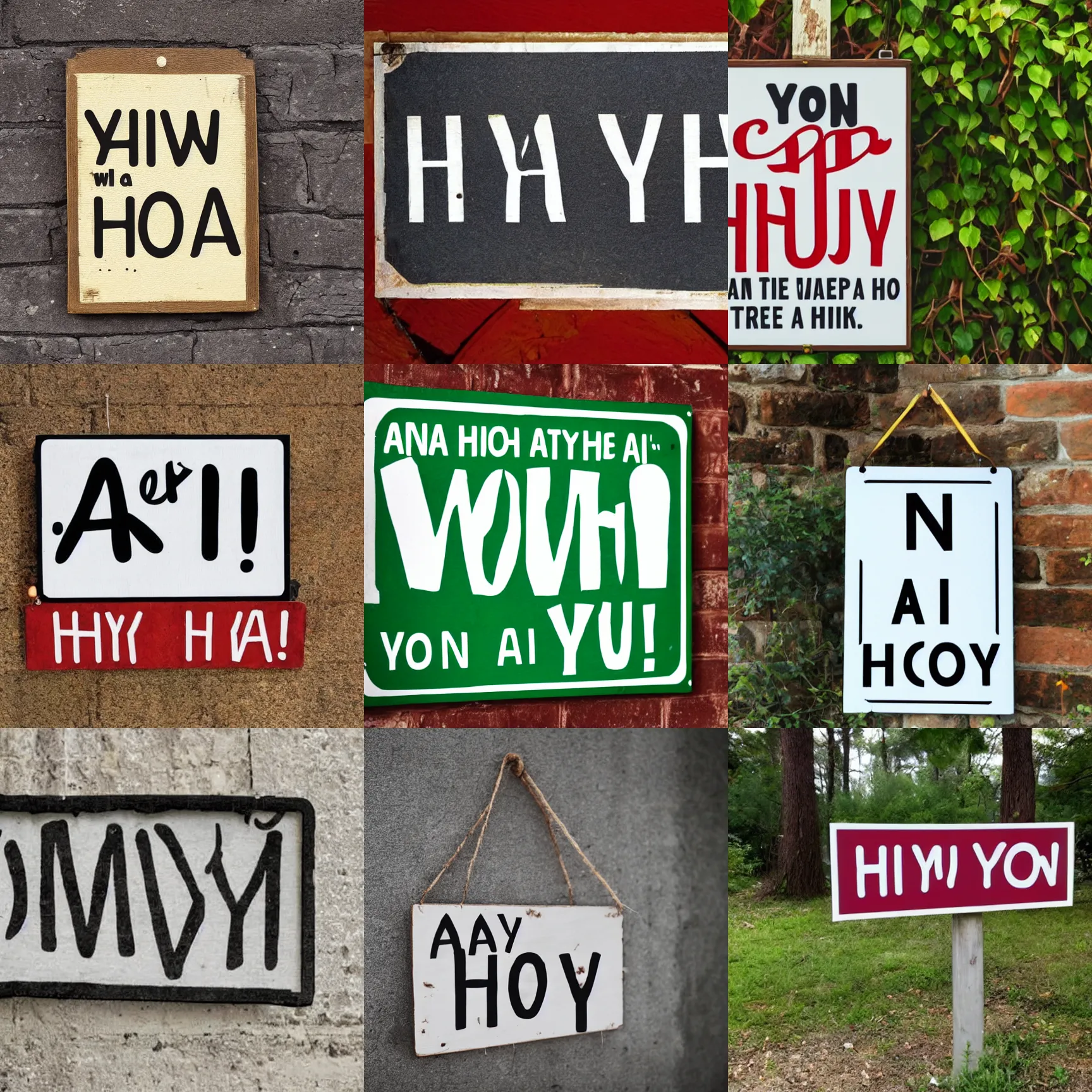 Prompt: a sign with text that says'a hyaa ho'w yon't hioiw?