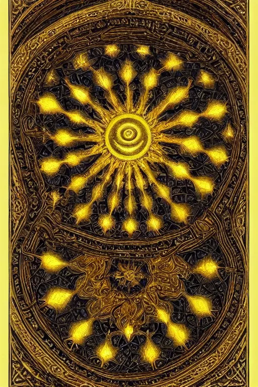 Prompt: islamic symmetric geometric fractals, fibonacci, quantum, golden sharp atomic, by michaelangelo