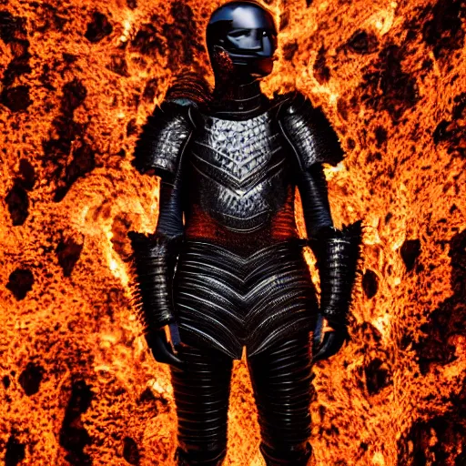 Prompt: a portrait of a beautiful young male wearing an alexander mcqueen armor made of lava , photographed by andrew thomas huang, artistic