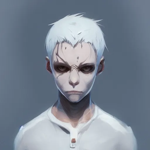 Image similar to boy with white hair holding skull, by makoto shinkai, greg rutkowski, artstation, high detailed, cgsociety,