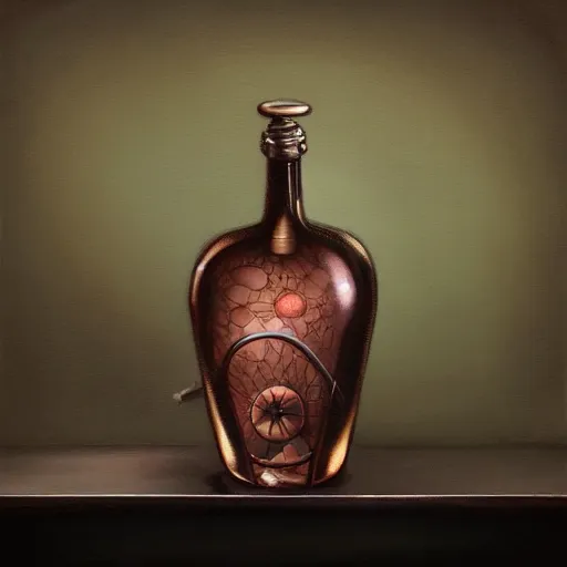 Prompt: a painting of a steampunk wine colored potion bottle on a counter in a dark dusty vintage science lab, by h. r. giger, hyperrealistic fantasy art, concept matte, ethereal, dreamy, digital art, trending on artstation, volumetric cinematic lighting