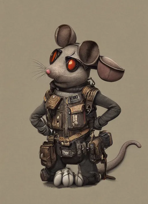 Image similar to detailed full body concept art illustration matte painting of an anthropomorphic mouse pilot in full intricate pilot clothing, ultra detailed, digital art, octane render, 4K, dystopian, micro details