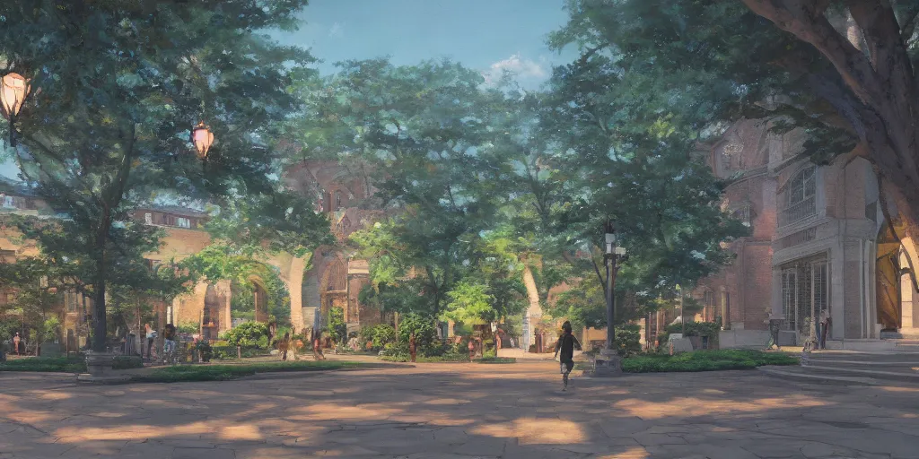 Image similar to a university campus, cinematic angle, studio Ghibli, cinematic lighting, detailed oil painting, hyperrealistic, 8k