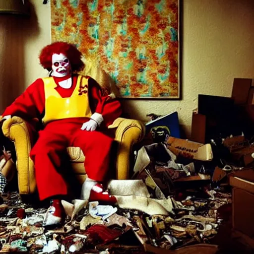 Prompt: ronald mcdonald sitting in an armchair in a cluttered apartment, gritty, film, somber