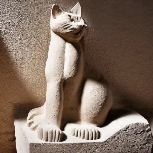 Image similar to close - up museum photo of an ancient limestone statue of a cat, egypt's, studio lighting, professional, promo,