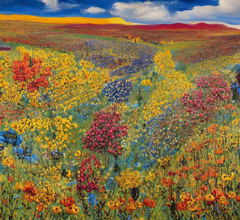 Prompt: highly detailed oil painting of a field of flowers painted by salvador dali