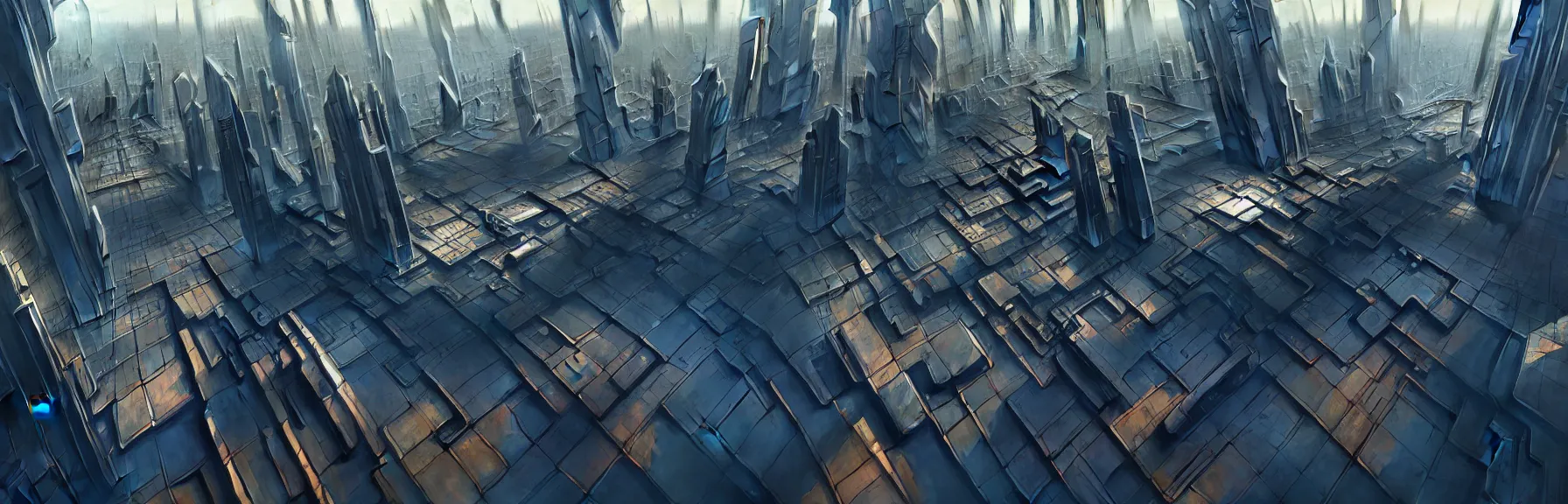 Image similar to abstract futuristic sci-fi folded multiplanar cyberpunk city, birds eye view, detailed, Lee Madgwick, Denis Sarazhin, artstation, unreal engine 5