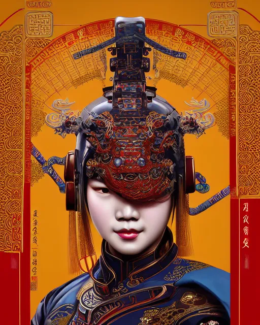 Image similar to portrait of a chinese cyberpunk machine, machine face, arms, upper half portrait, decorated with chinese opera motifs, regal, asian, fine china, wuxia, traditional chinese art intricate intense elegant 京 剧 highly detailed digital painting artstation concept art smooth sharp focus illustration, art by artgerm and greg rutkowski alphonse mucha 8 k