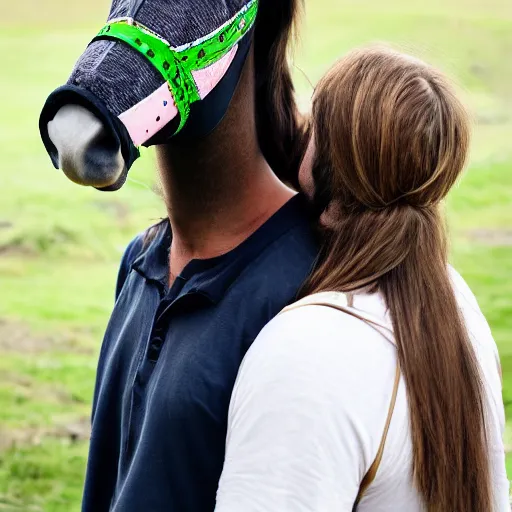 Image similar to man wearing horse head mask on shoulder of man