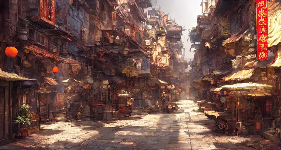 Image similar to craig mullins and ghibli digital art of chinatown street, sunset alley, in the bustling ancient chinese city, the god of erlang yang jian came from a distance, unreal engine, hyper realism, realistic shading, cinematic composition, realistic render, octane render, detailed textures, photorealistic, wide shot